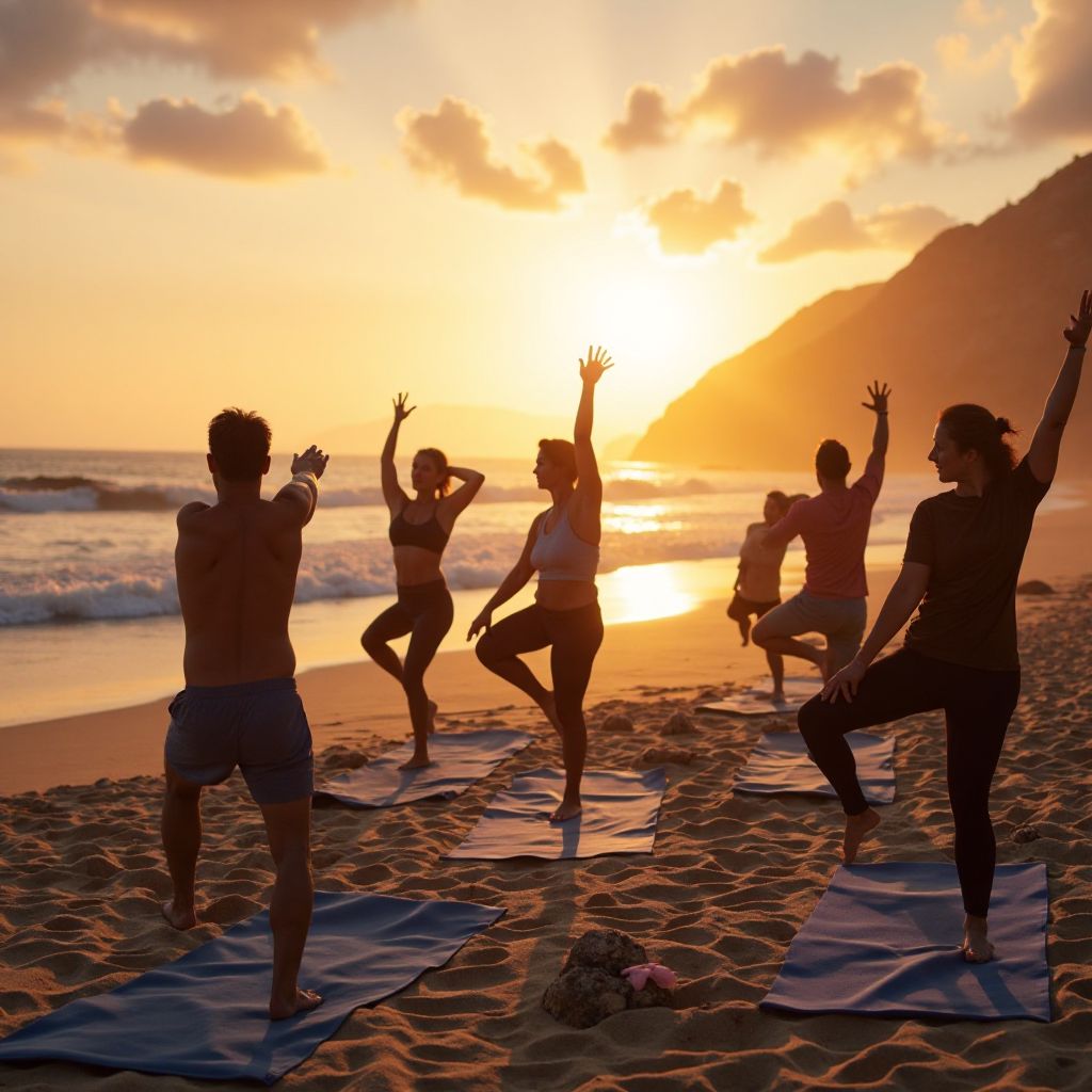 Outdoor yoga class at sunrise