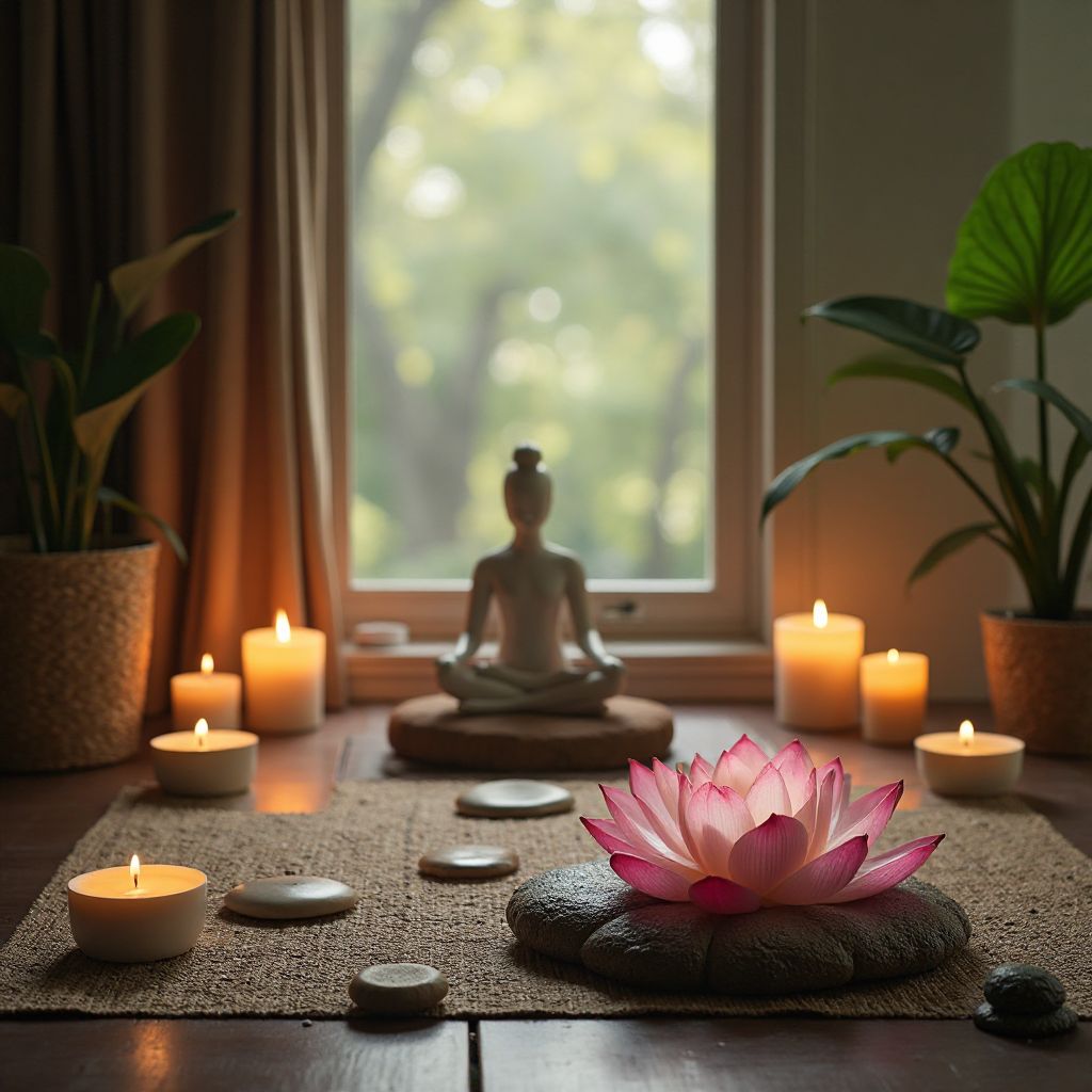 Peaceful meditation room with lotus flowers